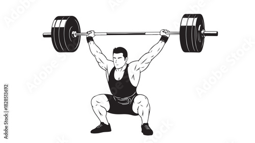 Weightlifter performing a snatch lift vector illustration of a strong man lifting a barbell overhead isolated on white background