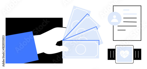 Hand extending cash, smartwatch displaying a heart rate, user profile, and document. Ideal for finance, transactions, technology, healthcare biometric data personal management modern business. A