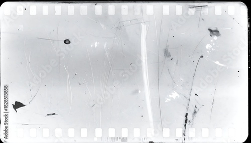 Damaged monochrome film strip with sprocket holes, scratches, dirt, and light leaks, evoking vintage atmosphere