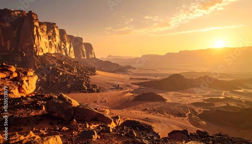 Desert landscape featuring tall, rocky cliffs under a bright, warm sunset, creating a serene, arid vista