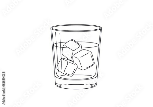 Line art illustration of a tall glass filled with ice cubes and water isolated on white background
