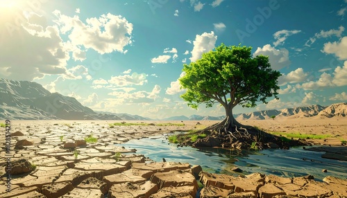 Desert scene w/ cracked earth, small stream, lush tree, distant mountains & bright, partly cloudy sky