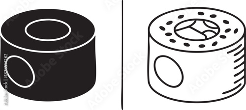 Two cylindrical junction boxes one solid black silhouette and one line drawing isolated on transparent background