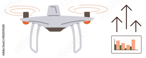Flying quadcopter with spinning rotors, upward arrows symbolizing growth, and a bar chart for data analysis. Ideal for innovation, delivery, technology, strategy, development, analytics growth