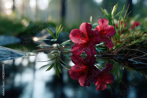 Vibrant red flowers reflecting in calm water near a forest in early morning light