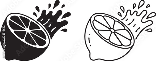 Two halves of a lemon with juice splashing silhouette isolated on transparent background