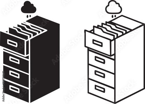 Two filing cabinet icons one solid black silhouette and one outline isolated on transparent background