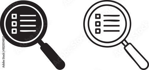 Two magnifying glass icons showing a list silhouette isolated on transparent background