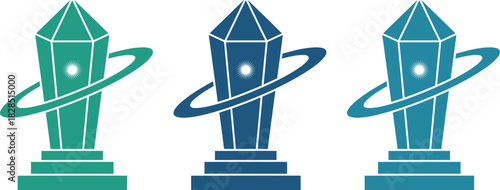 Futuristic Crystal Trophy Icons with Orbit Ring Vector Award Set