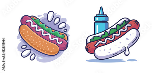 Enjoy delicious cartoon hot dogs with mustard and relish, perfect for menus, food blogs, or fast food promotions, enjoy these iconic tasty meals