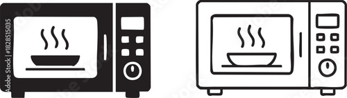 Two microwave oven icons showing food heating silhouette isolated on transparent background