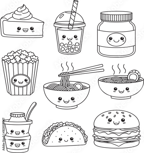 Kawaii food collection line art drawing