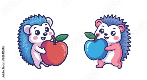 Cartoon hedgehogs with apples create a whimsical design element for joyful children's themes, educational resources, and playful character designs, radiating happiness