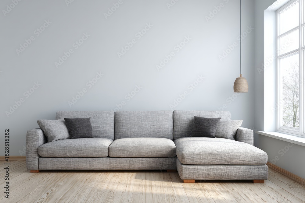 Fototapeta premium Comfortable sectional sofa in a bright room with large window and wooden floor.