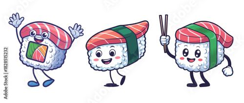 Delightful sushi characters smiling and waving, perfect for restaurant promotions or playful food illustrations, kawaii style appeals to kids and adults alike