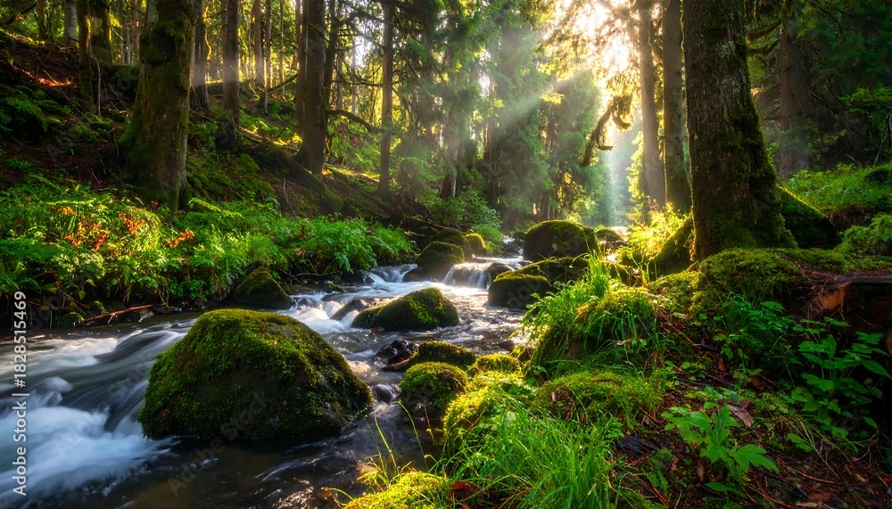 Obraz premium Forest stream glistens with sunlight streaming through trees, mossy rocks, and greenery on ground cover