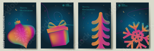 Merry Christmas greeting card design set on bright gradient colorful style, Xmas holiday design, Christmas festive design for social media post, winter holidays square template set vector illustration