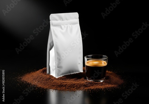Blank white coffee bag and espresso shot on ground coffee isolated on white background