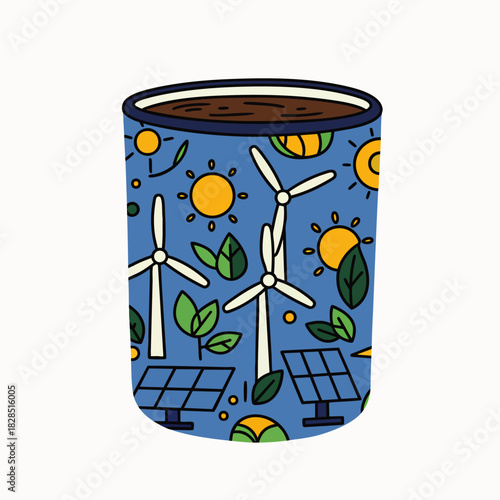 An eco-friendly coffee cup design beautifully illustrates renewable energy sources like wind turbines and solar panels, promoting environmental sustainability.