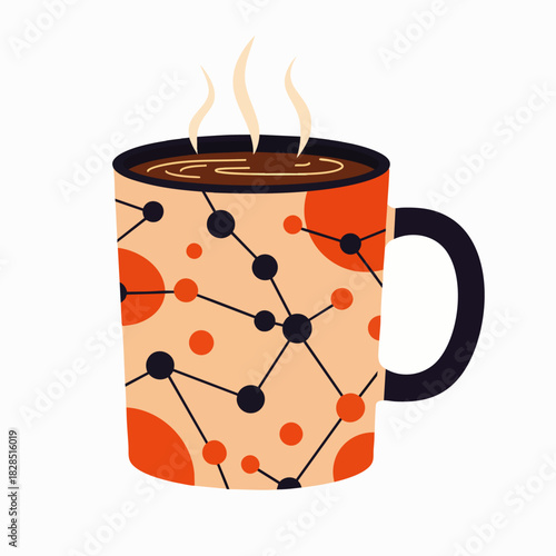 A stylishly patterned mug filled with steaming hot coffee or tea, perfect for a cozy morning or a refreshing break, isolated on a clean white background.