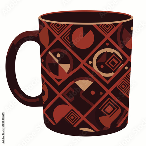 A stylish illustrated ceramic mug featuring an intricate dark brown and reddish geometric pattern, perfect for beverages and decorative purposes.