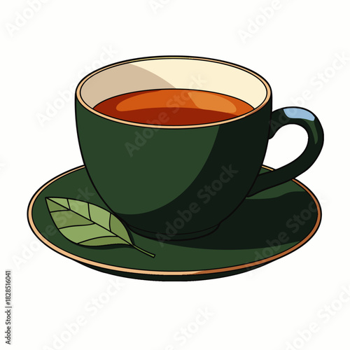 A vibrant vector illustration of a dark green teacup filled with hot tea, resting on a matching saucer with a fresh green leaf, symbolizing comfort.