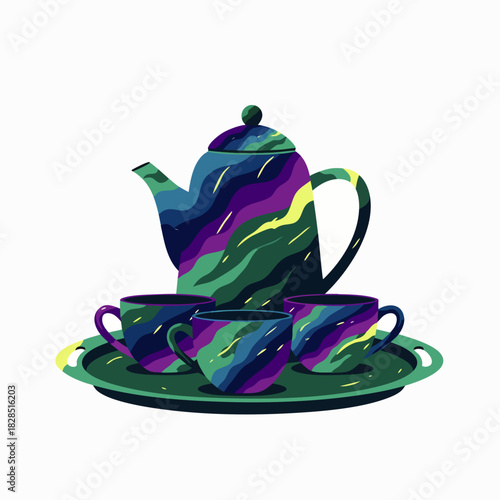 A vibrant illustration shows a modern tea set, featuring a teapot and three cups with abstract blue, green, purple waves, arranged on a serving tray.