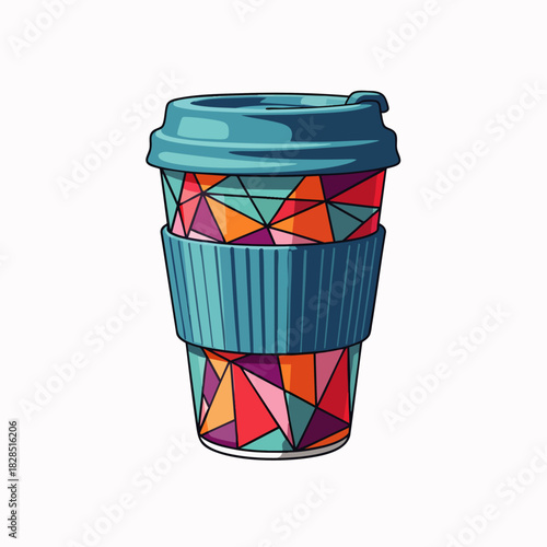 A vibrant, eco-friendly reusable coffee cup, featuring a modern geometric pattern and a teal lid, offers a stylish and sustainable way to enjoy drinks.