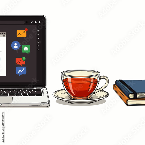 A clean and organized workspace featuring a modern laptop, a comforting cup of tea, and stacked notebooks, perfect for productivity or a quiet study session.