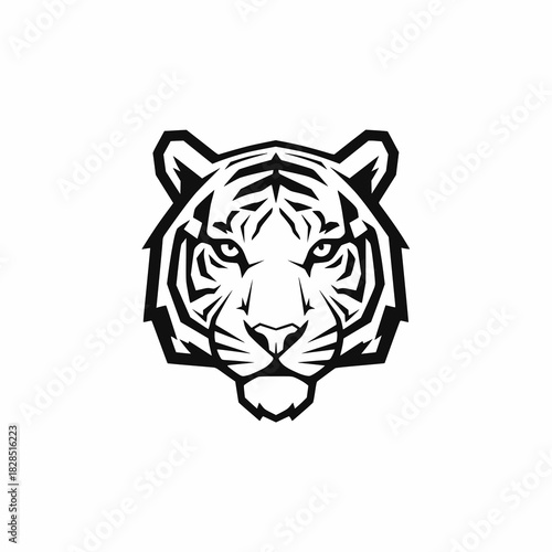 A striking black and white illustration of a tiger s head looking forward