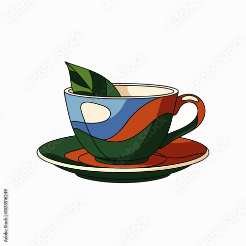 A vibrant, abstractly designed teacup and saucer, gracefully holding a fresh green leaf, beautifully symbolizes natural beverages, wellness, and tranquil refreshment.