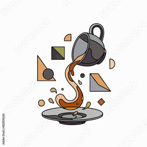 An abstract illustration depicts coffee spilling dynamically from an overturned cup into a saucer, surrounded by various geometric shapes in a modern, minimalist style.