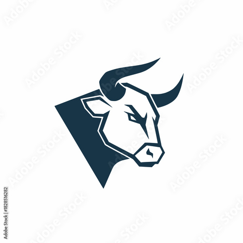 Bold graphic of a bull s head in a dark blue minimalist style