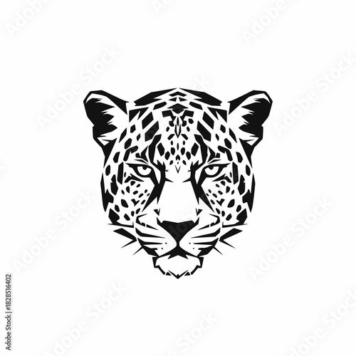 A striking black and white illustration of a majestic jaguar face