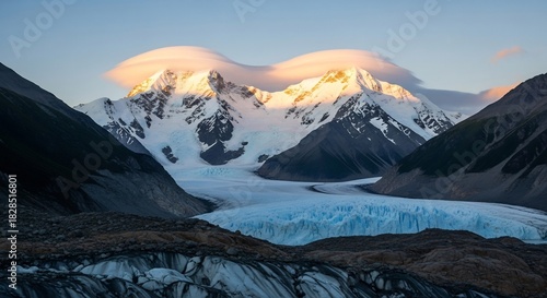 Majestic Glacier and Snow-Capped Mountains at Sunrise in Patagonia.