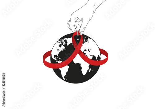 Vector illustration of a hand placing a red ribbon on a globe silhouette, symbolizing global effort, world aids day, clipart style vector
