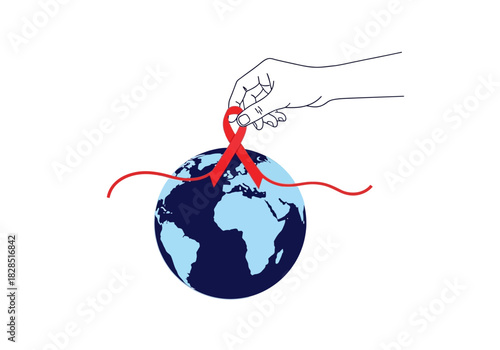 Vector illustration of a hand placing a red ribbon on a globe silhouette, symbolizing global effort, world aids day, clipart style vector