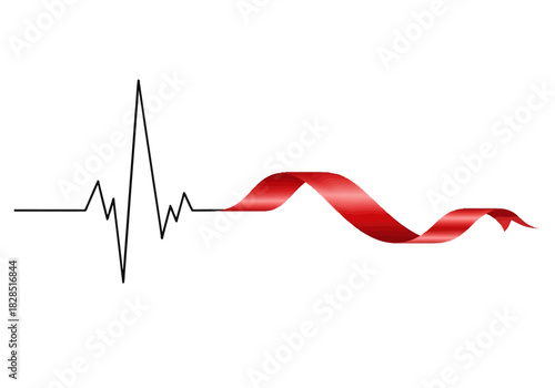 Vector illustration of stylized heartbeat monitor graphic ending in a red ribbon, world aids day, clipart style vector