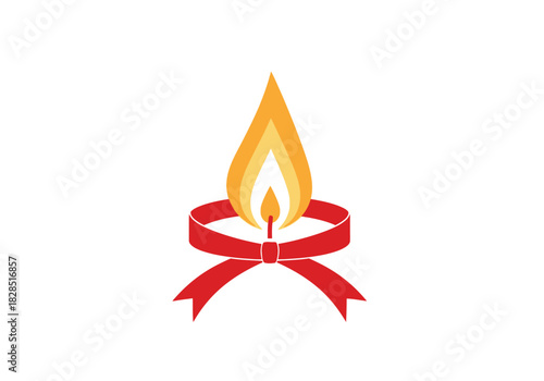 Vector illustration of a candle flame with a red ribbon in remembrance style, world aids day, clipart style vector