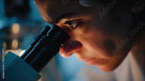 A focused lab technician looks intently through the microscope's eyepiece in a dark laboratory