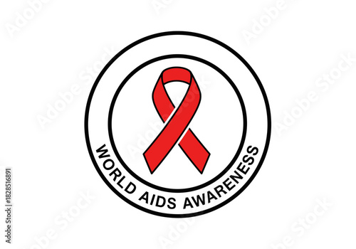 Vector illustration of circular badge reading “World AIDS Awareness” with a centered red ribbon, world aids day, clipart style vector