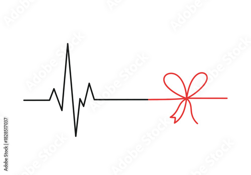 Vector illustration of a heartbeat line ending in a red ribbon shape, drawn with thin vector lines, world aids day, clipart style vector