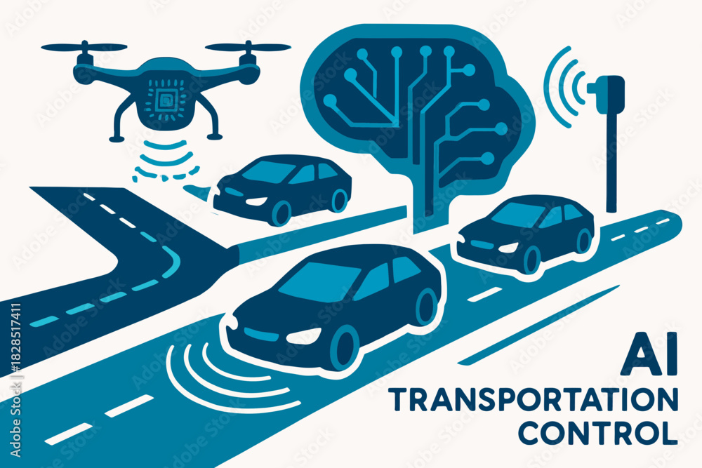 Naklejka premium AI Transportation Control System with Autonomous Vehicles and Drone.