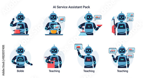 AI Service Assistant Pack: Robot Characters Performing Various Tasks.