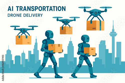 AI Transportation and Drone Delivery with Robots in a Cityscape.