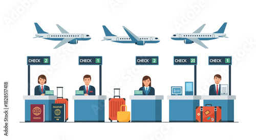 Airport checkin counters with staff and airplanes above.