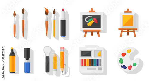 Art supplies set with brushes markers pencils easel and palette.