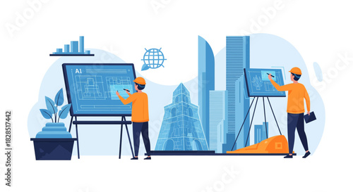 Architects Collaborating on Digital Blueprints for Modern City Buildings.