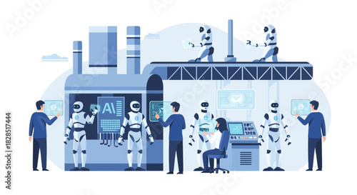 Artificial Intelligence Factory with Human Workers and Robots.
