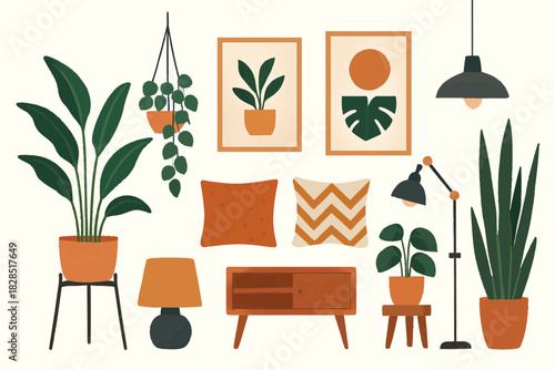 Bohemian Living Room Decor with Potted Plants and Artwork.